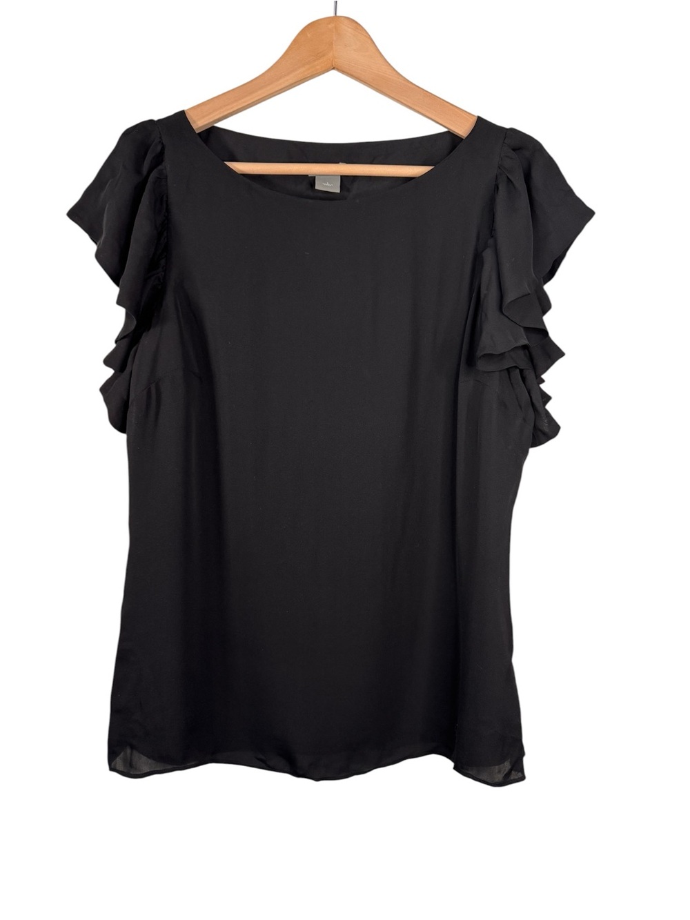 Ann Taylor 100% Silk Black Flutter Sleeve Blouse Size Large Career Formal Shirt